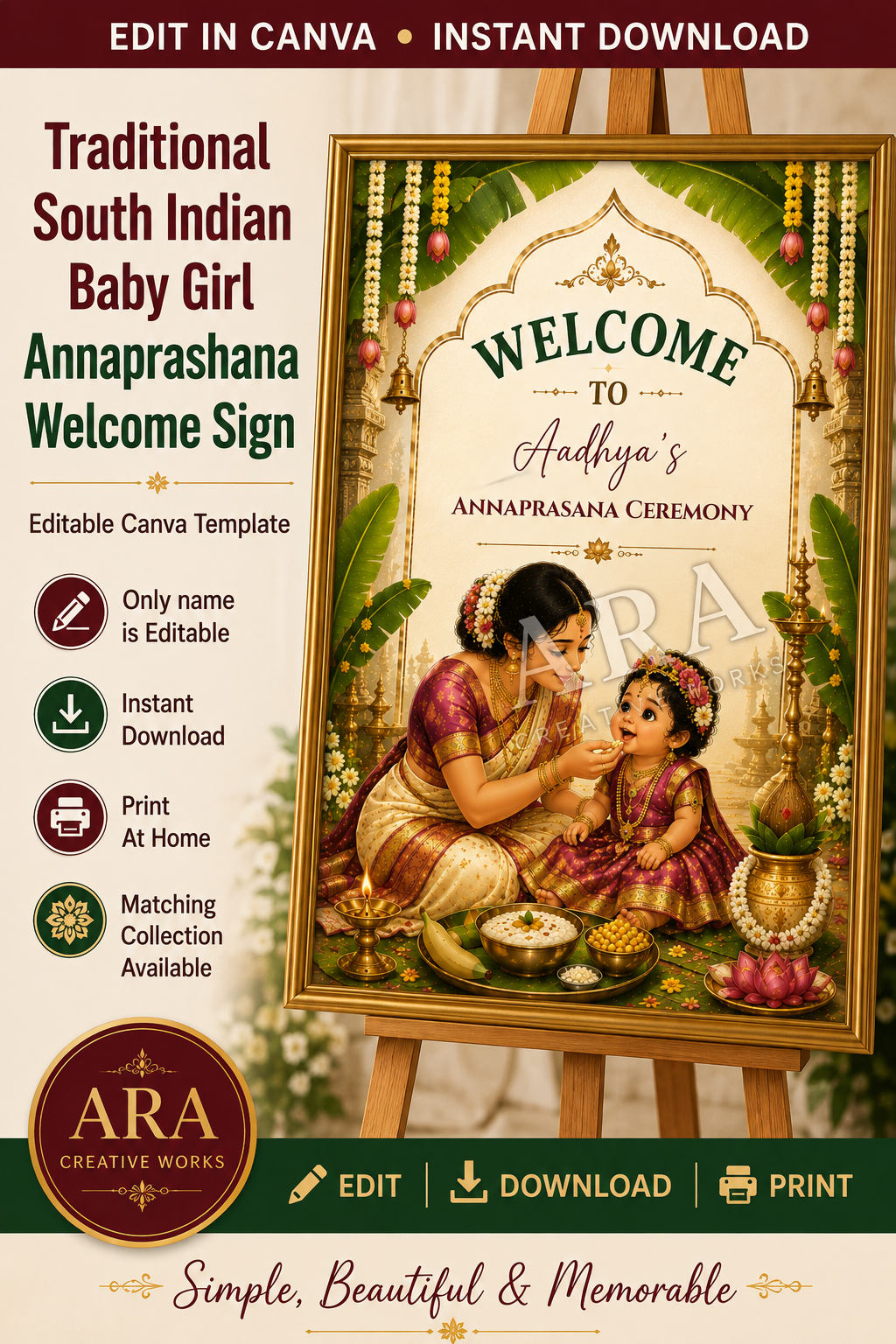 Traditional South Indian Baby Girl Annaprashana Welcome Sign, Annaprasana Ceremony Canva Template, First Rice Ceremony Welcome Board