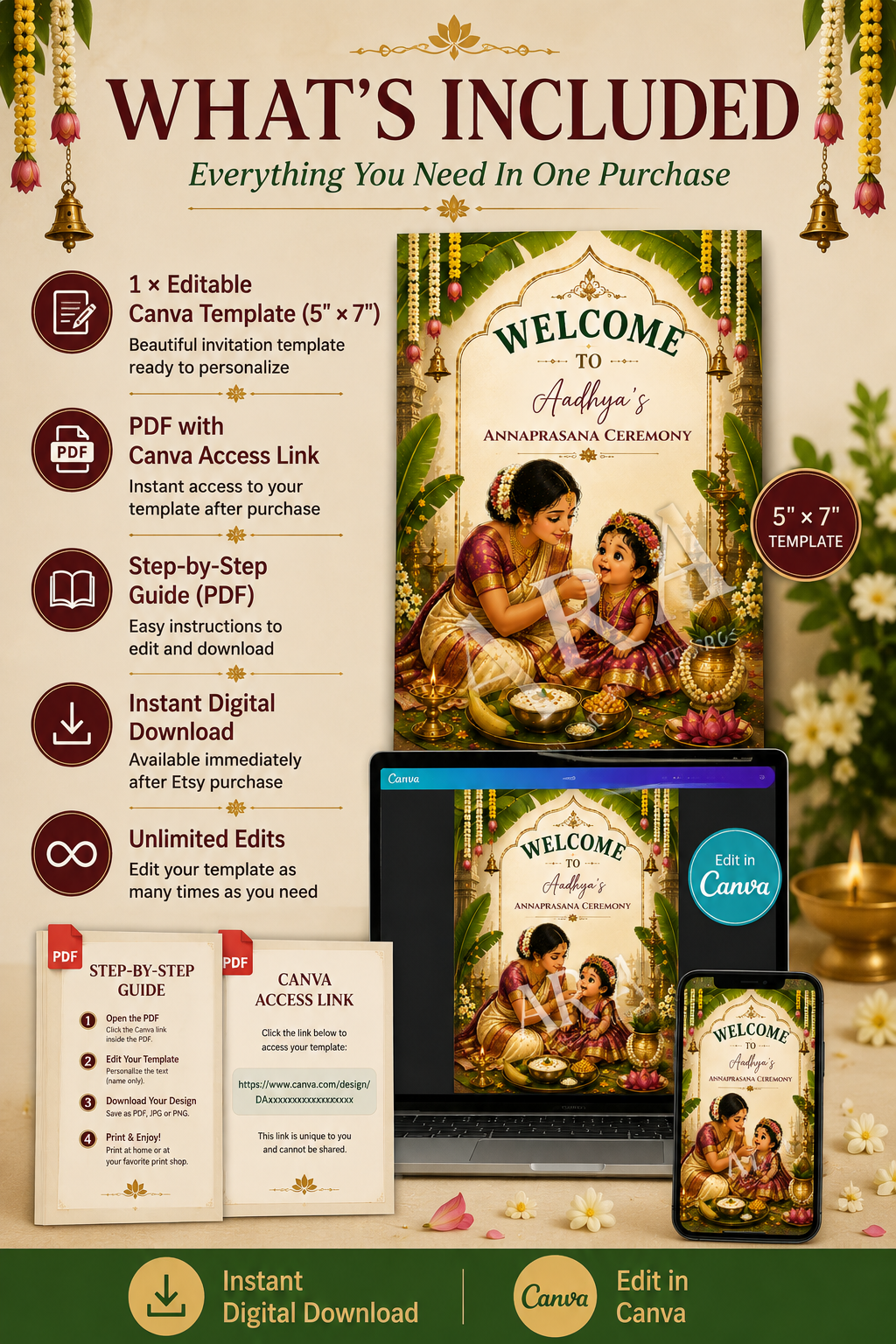 Traditional South Indian Baby Girl Annaprashana Welcome Sign, Annaprasana Ceremony Canva Template, First Rice Ceremony Welcome Board