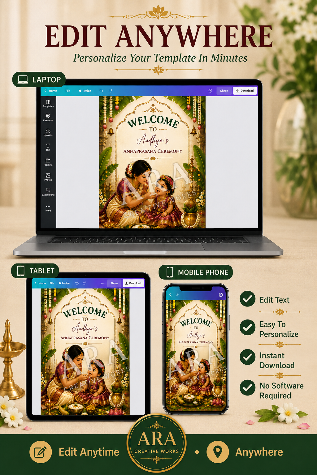 Traditional South Indian Baby Girl Annaprashana Welcome Sign, Annaprasana Ceremony Canva Template, First Rice Ceremony Welcome Board