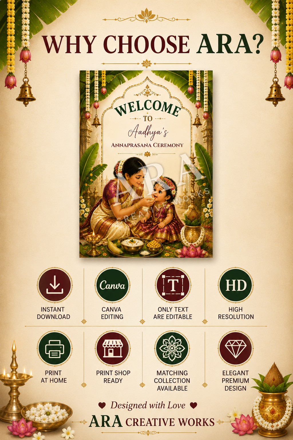 Traditional South Indian Baby Girl Annaprashana Welcome Sign, Annaprasana Ceremony Canva Template, First Rice Ceremony Welcome Board