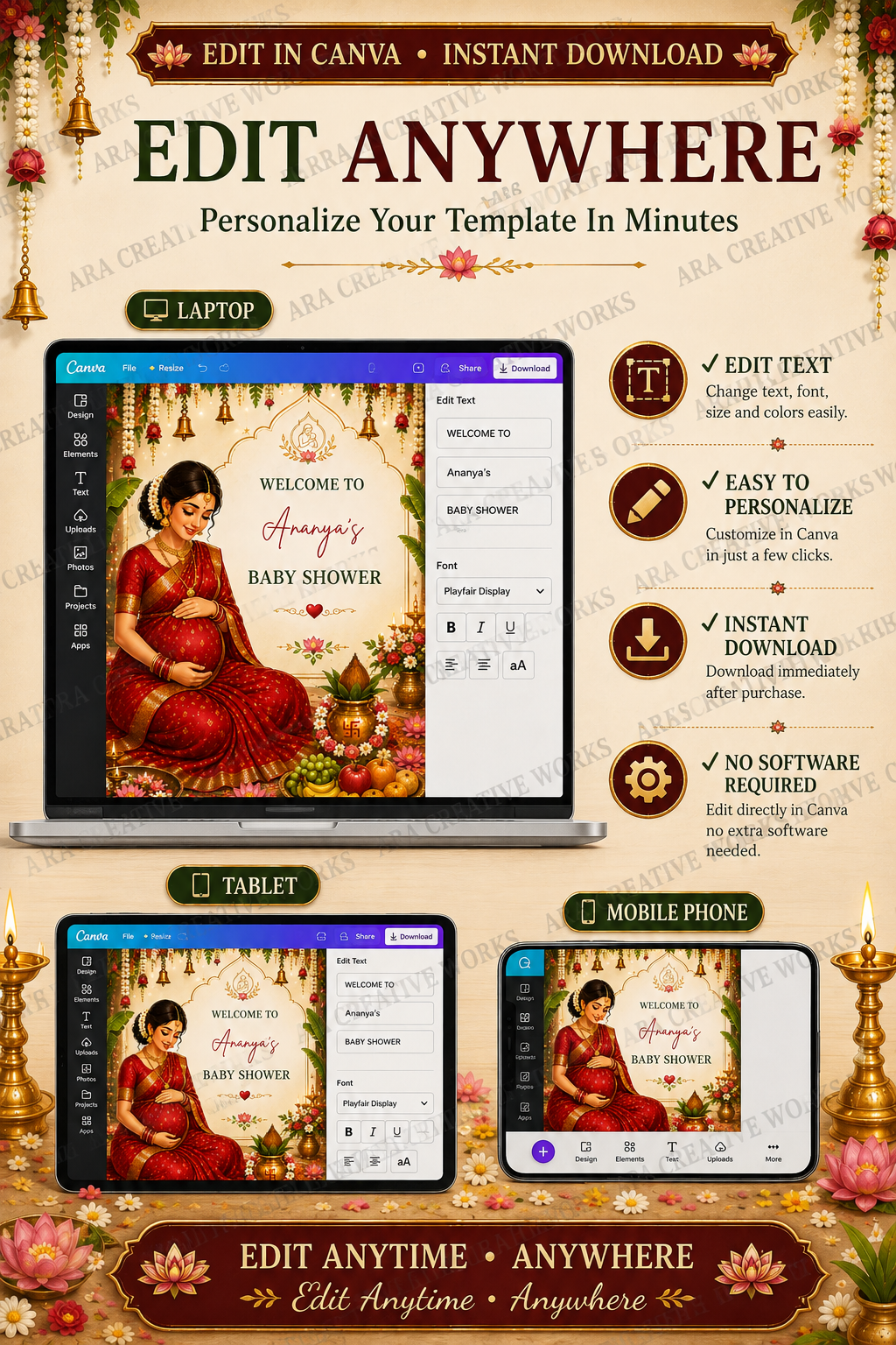Traditional South Indian Baby Shower Welcome Sign | Editable Canva Template | Seemantham Welcome Board | Indian Baby Shower Digital Sign