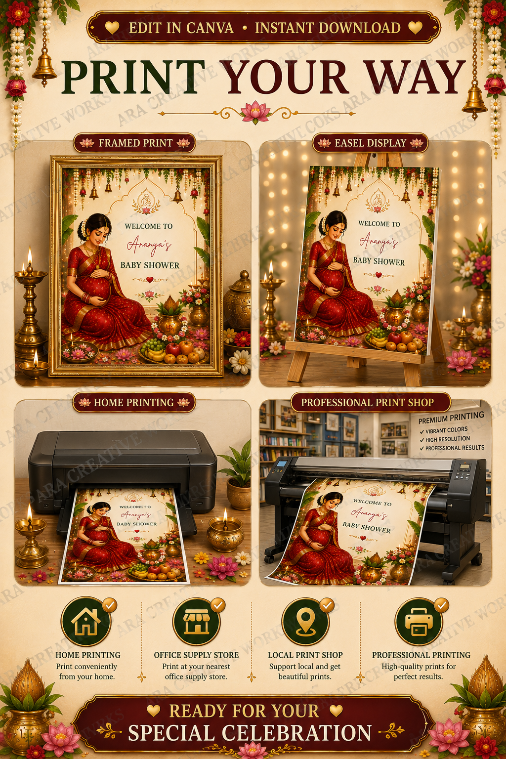 Traditional South Indian Baby Shower Welcome Sign | Editable Canva Template | Seemantham Welcome Board | Indian Baby Shower Digital Sign