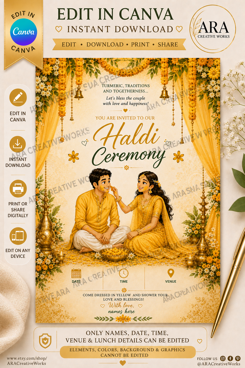 Traditional South Indian Haldi Ceremony Invitation Template | Editable Canva Invite | Instant Download