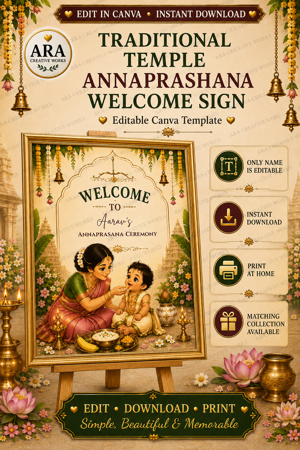 Traditional Temple Annaprashana Welcome Sign | Editable Canva Template | Hindu First Rice Ceremony | Baby Feeding Ceremony Sign
