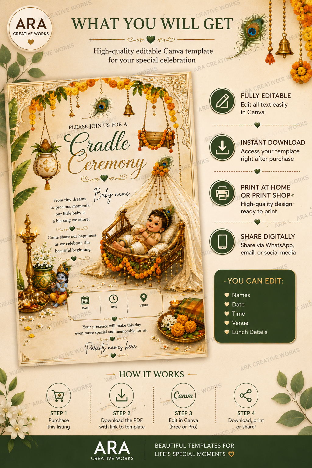 Traditional Little Krishna Cradle Ceremony Invitation | Editable Canva Template | Temple Theme | Instant Download