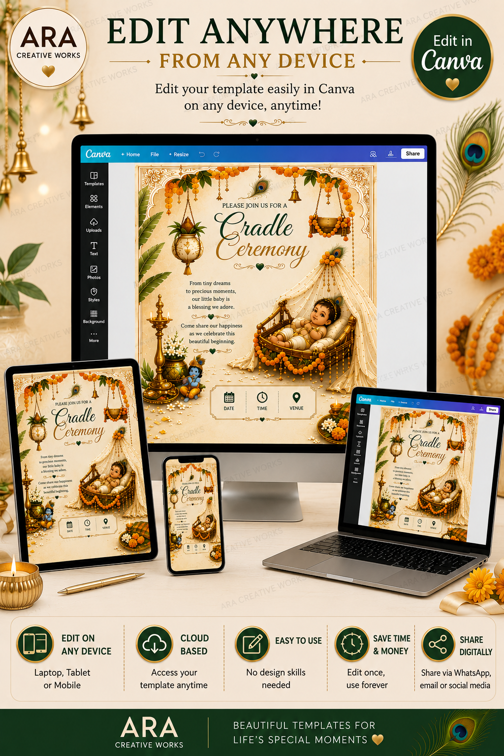 Traditional Little Krishna Cradle Ceremony Invitation | Editable Canva Template | Temple Theme | Instant Download