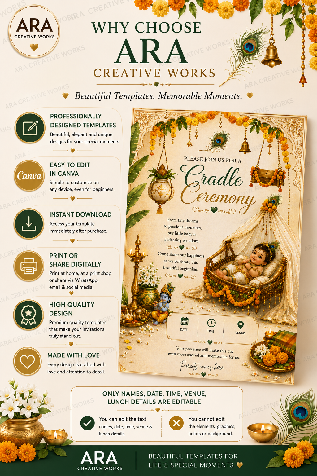 Traditional Little Krishna Cradle Ceremony Invitation | Editable Canva Template | Temple Theme | Instant Download