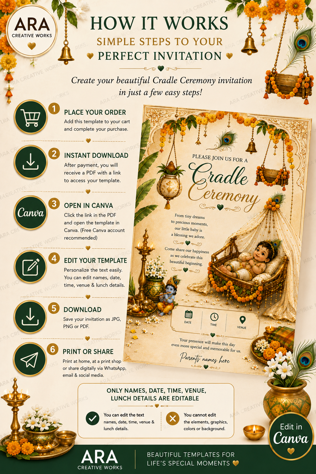 Traditional Little Krishna Cradle Ceremony Invitation | Editable Canva Template | Temple Theme | Instant Download