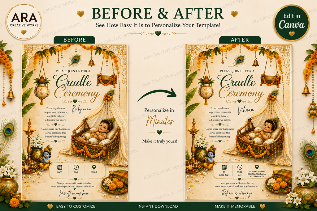 Traditional Little Krishna Cradle Ceremony Invitation | Editable Canva Template | Temple Theme | Instant Download