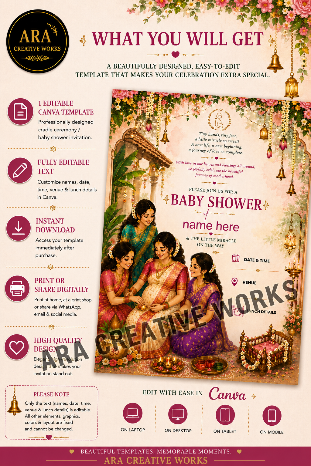 Traditional Seemantham Invitation | Editable Canva Baby Shower Invitation | Digital Download