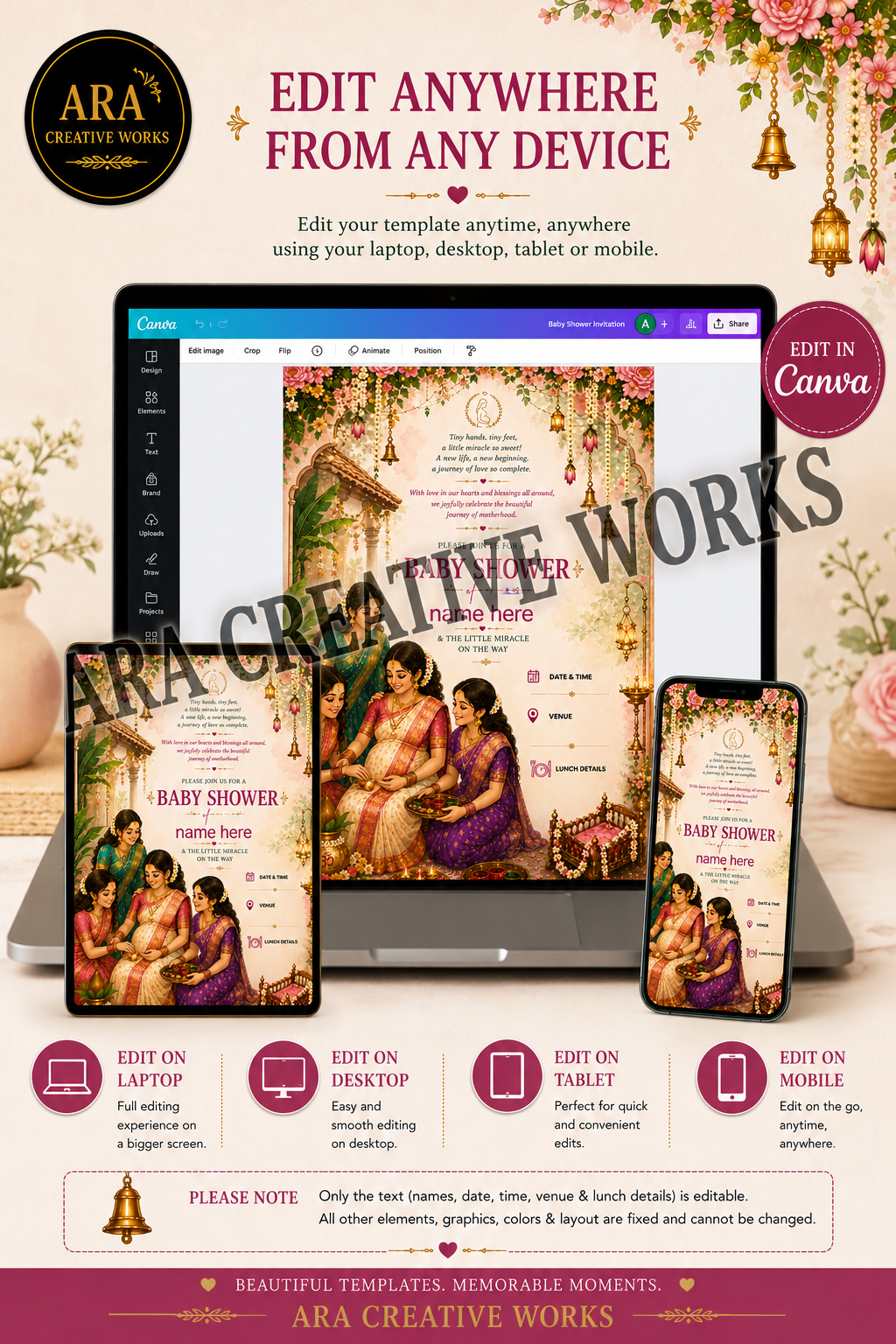 Traditional Seemantham Invitation | Editable Canva Baby Shower Invitation | Digital Download