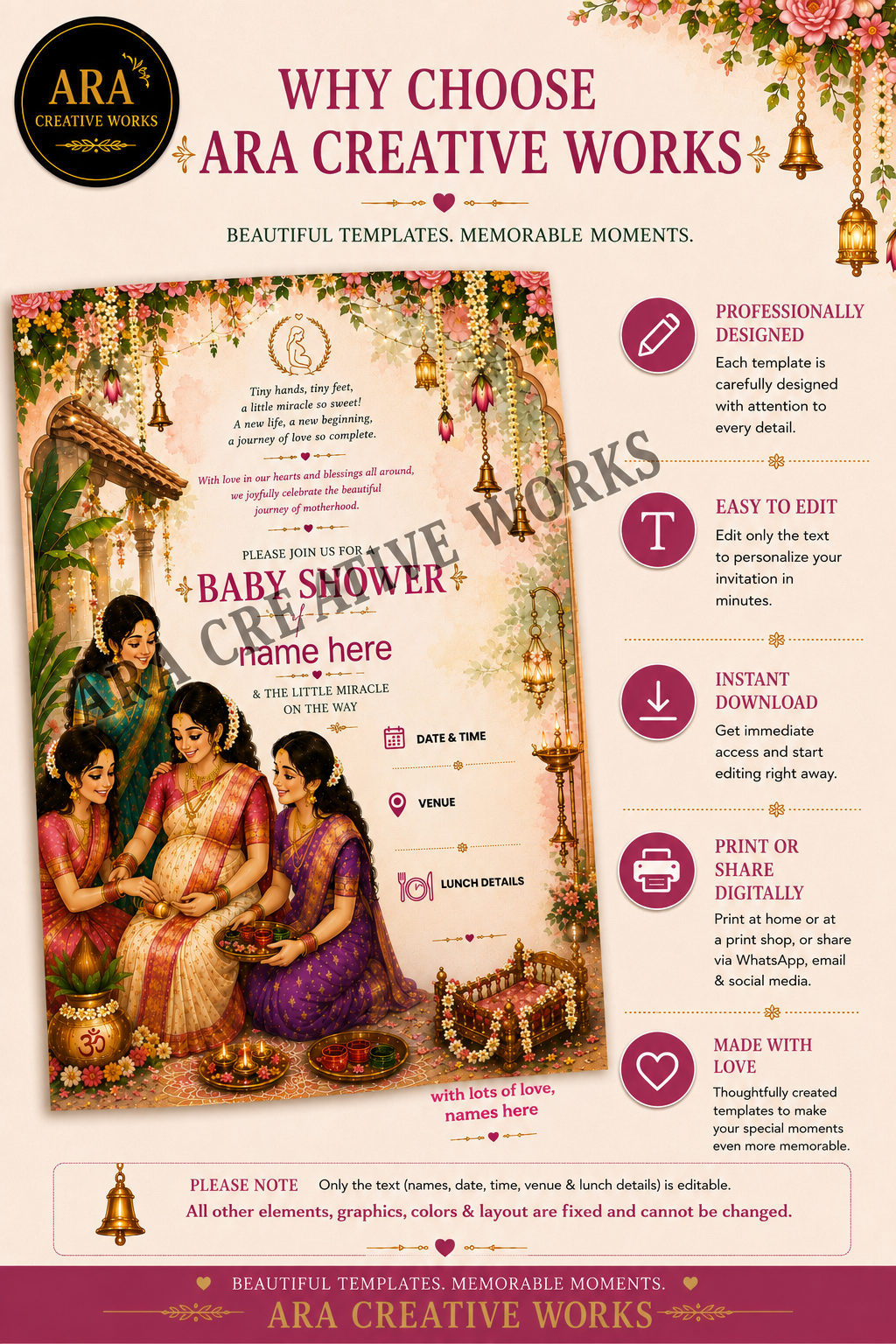 Traditional Seemantham Invitation | Editable Canva Baby Shower Invitation | Digital Download
