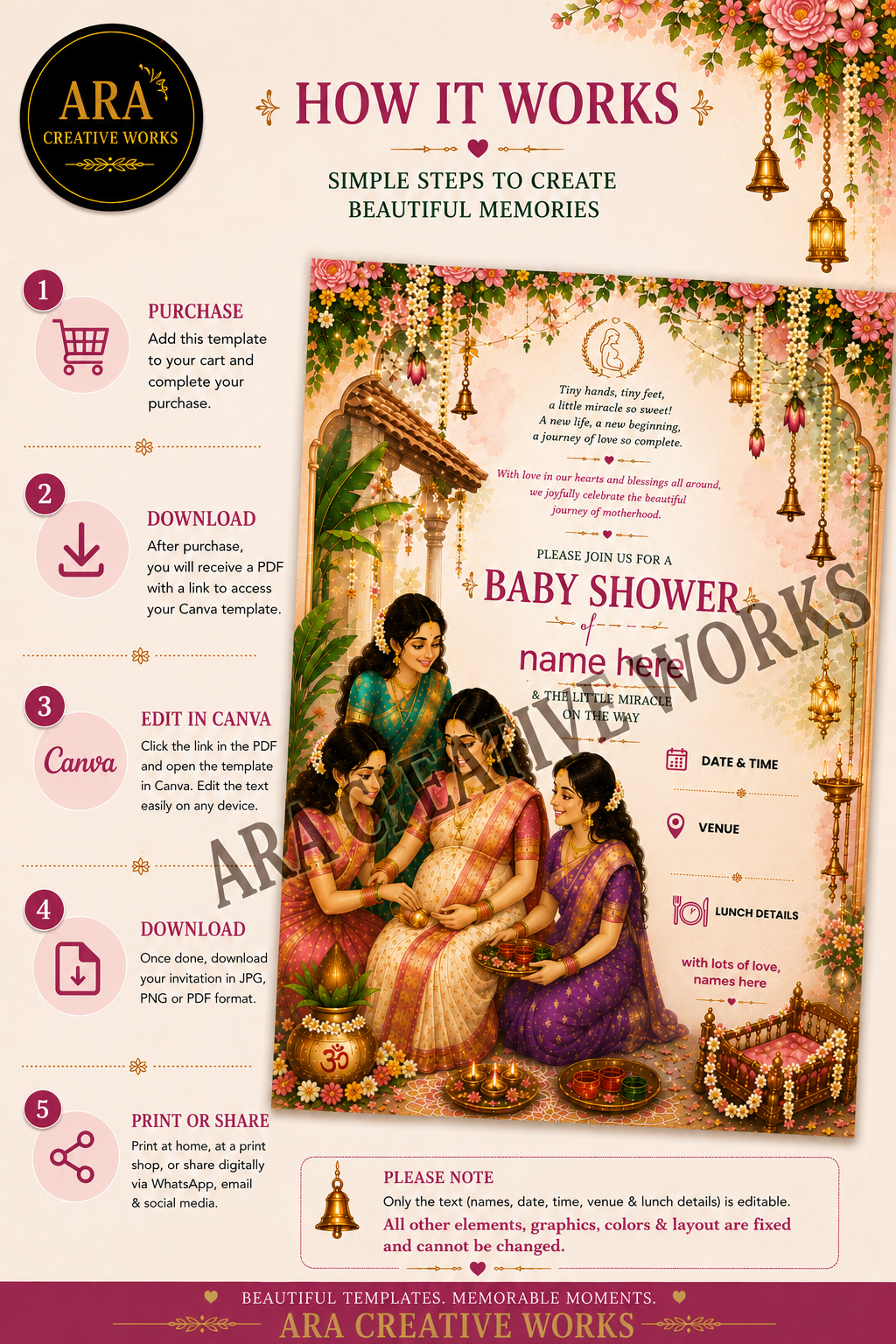 Traditional Seemantham Invitation | Editable Canva Baby Shower Invitation | Digital Download