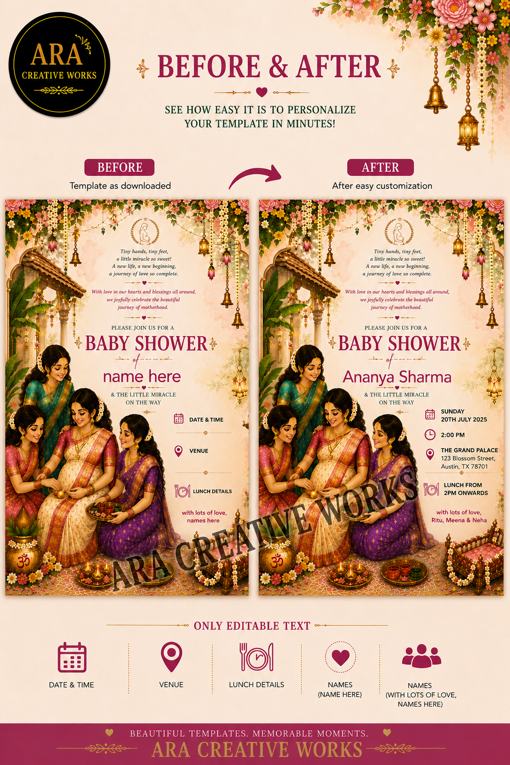 Traditional Seemantham Invitation | Editable Canva Baby Shower Invitation | Digital Download