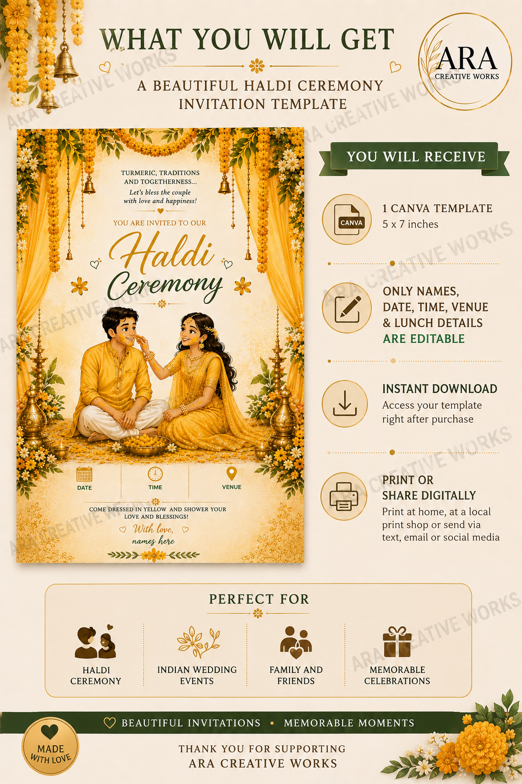Traditional South Indian Haldi Ceremony Invitation Template | Editable Canva Invite | Instant Download