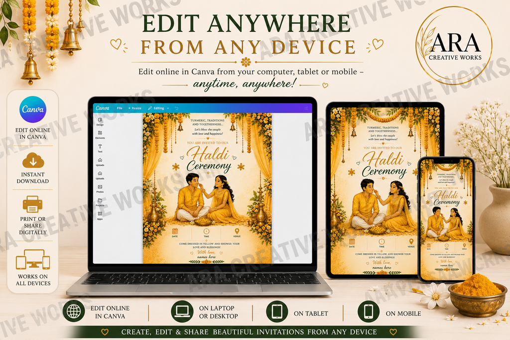Traditional South Indian Haldi Ceremony Invitation Template | Editable Canva Invite | Instant Download