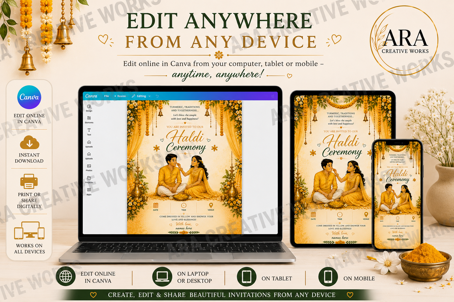 Traditional South Indian Haldi Ceremony Invitation Template | Editable Canva Invite | Instant Download