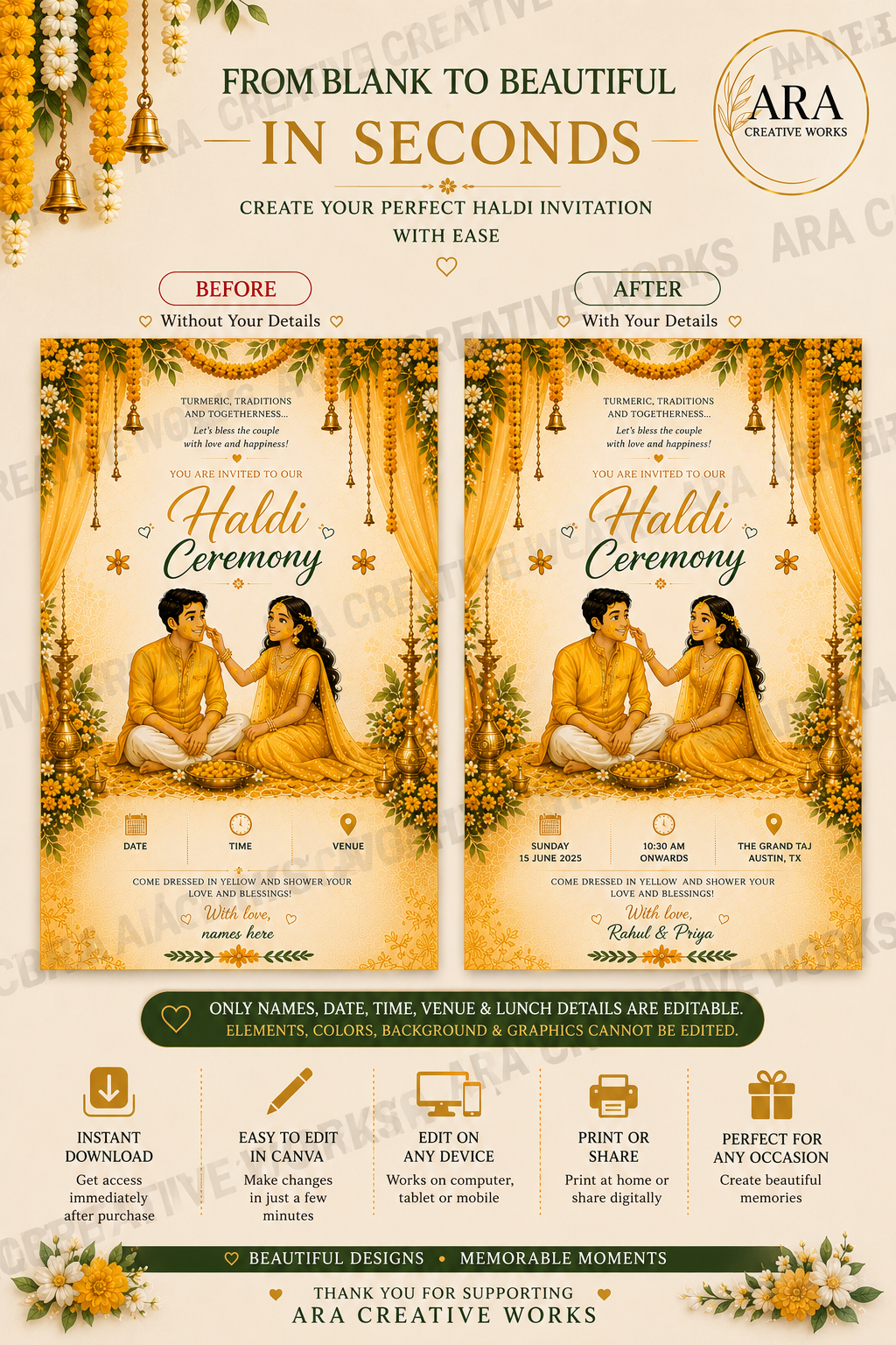 Traditional South Indian Haldi Ceremony Invitation Template | Editable Canva Invite | Instant Download
