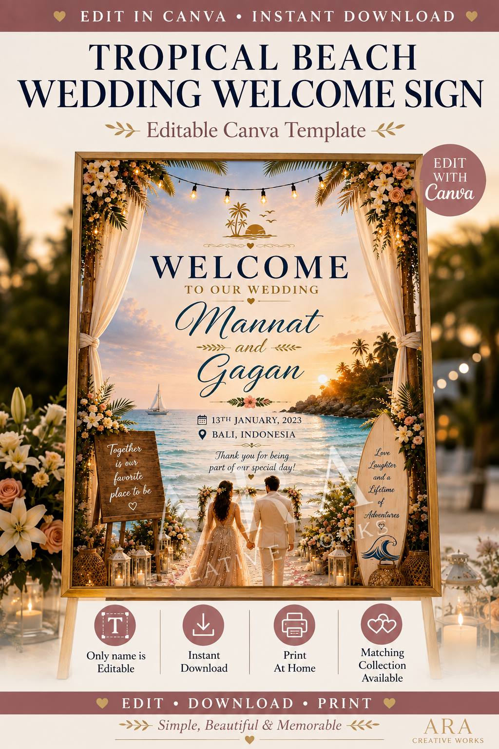 Tropical Beach Wedding Welcome Sign, Editable Canva Template, Destination Wedding Sign, Beach Wedding Decor, Printable Wedding Welcome Sign