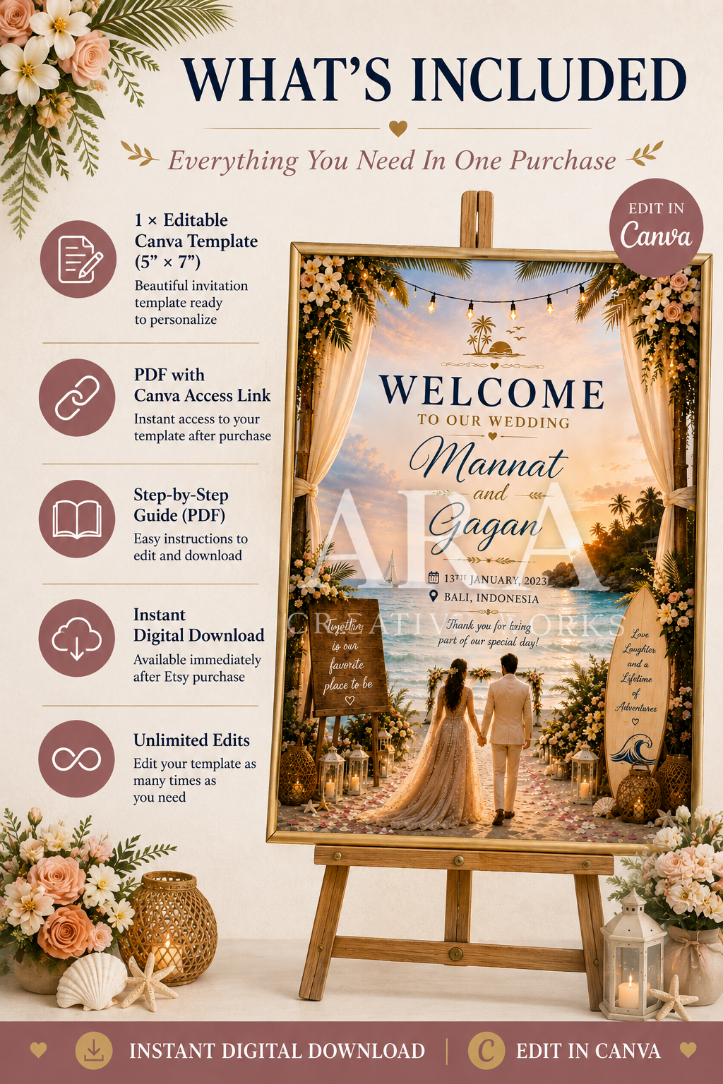 Tropical Beach Wedding Welcome Sign, Editable Canva Template, Destination Wedding Sign, Beach Wedding Decor, Printable Wedding Welcome Sign