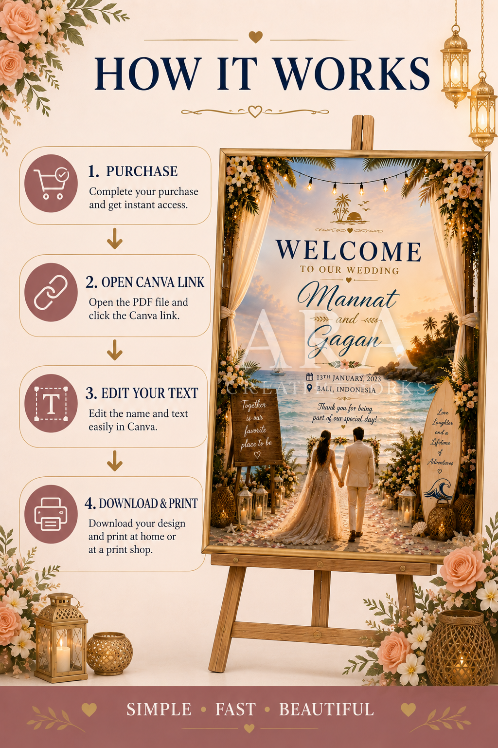 Tropical Beach Wedding Welcome Sign, Editable Canva Template, Destination Wedding Sign, Beach Wedding Decor, Printable Wedding Welcome Sign