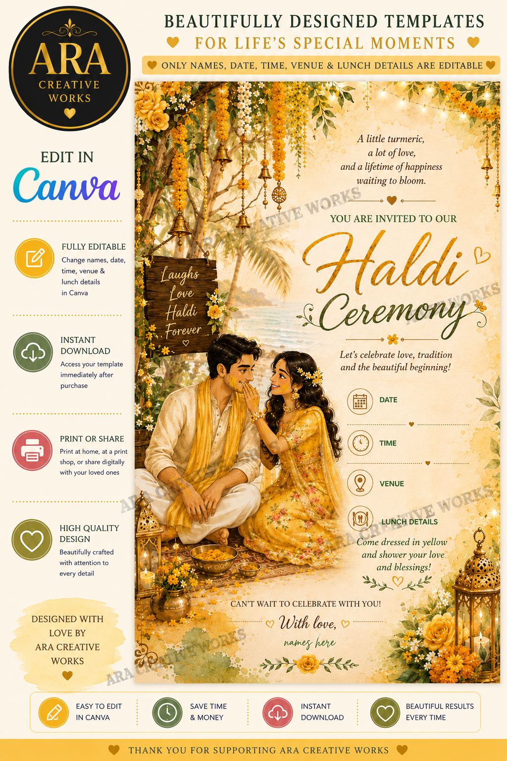 Tropical Haldi Ceremony Invitation Template | Editable Canva Invitation | Instant Download
