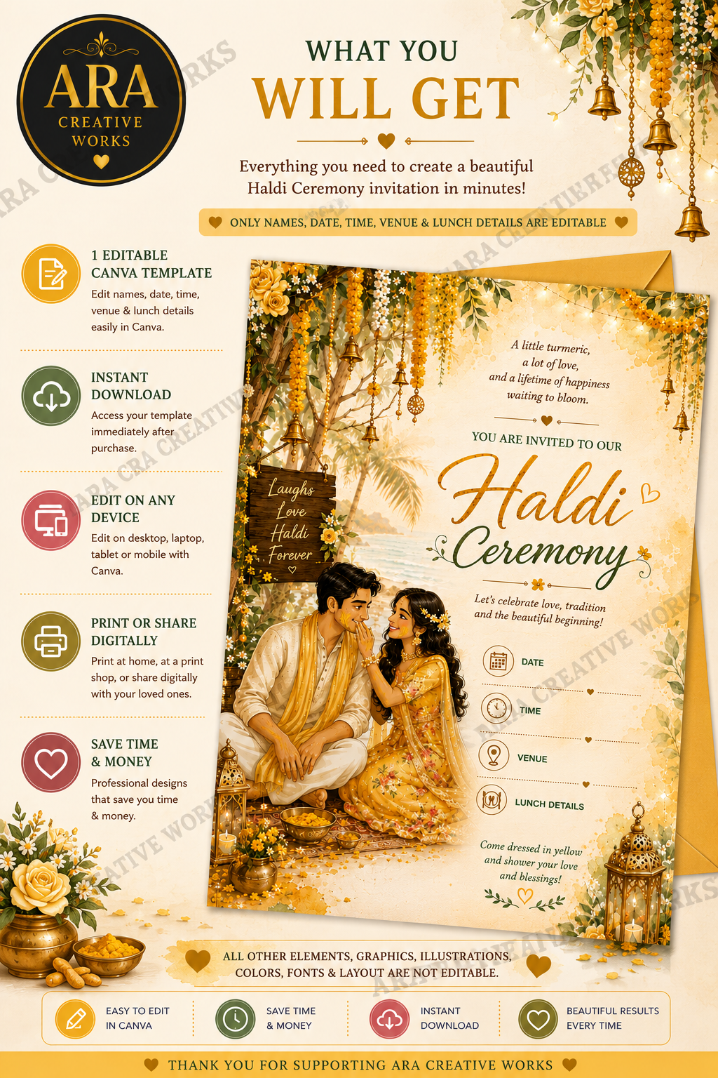 Tropical Haldi Ceremony Invitation Template | Editable Canva Invitation | Instant Download