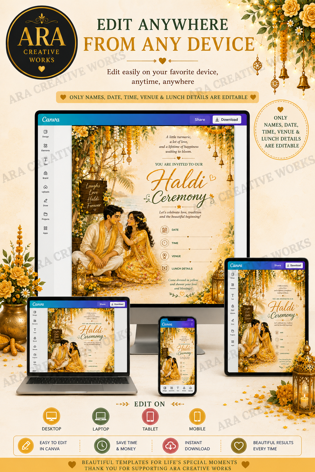 Tropical Haldi Ceremony Invitation Template | Editable Canva Invitation | Instant Download