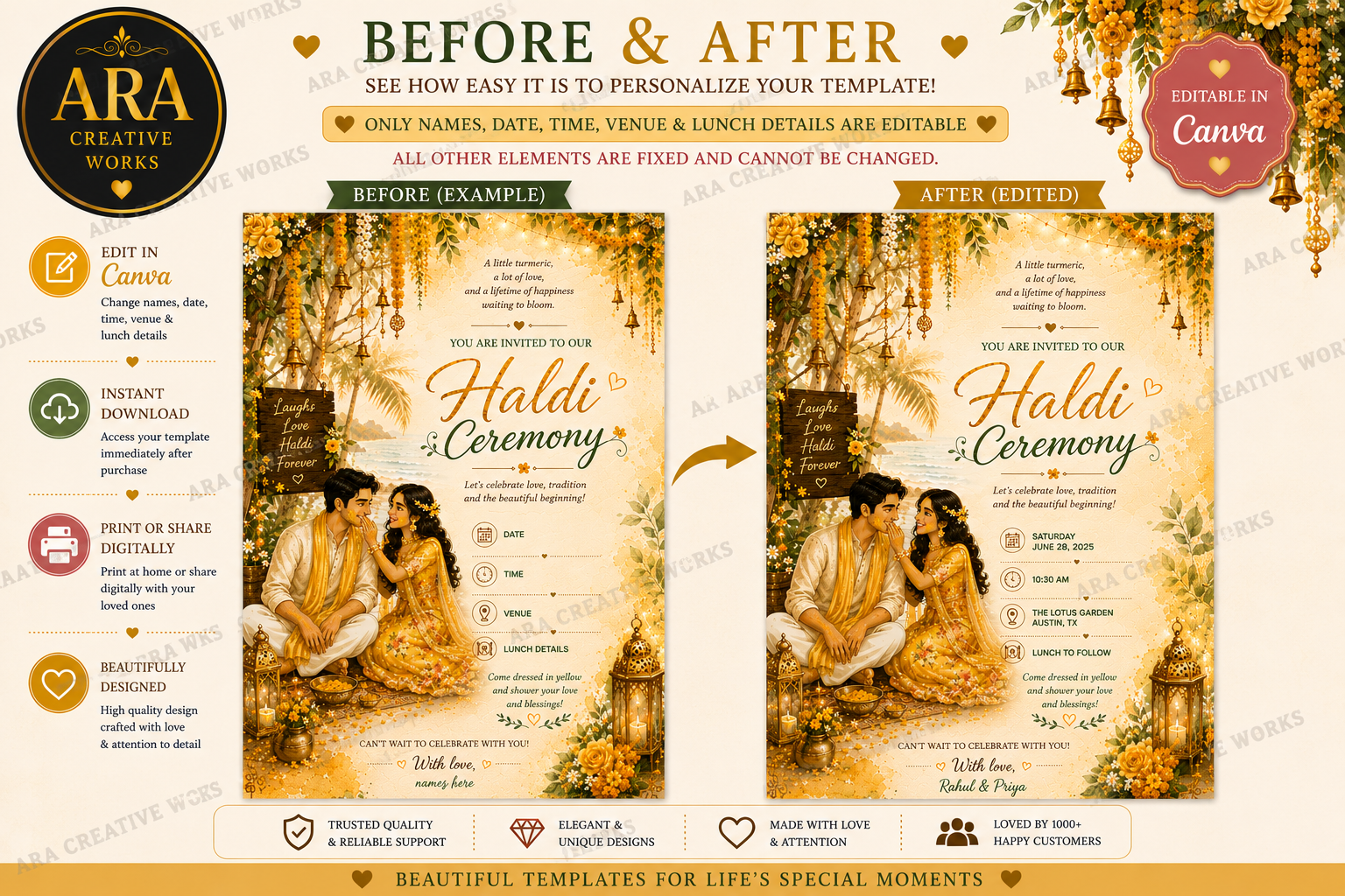 Tropical Haldi Ceremony Invitation Template | Editable Canva Invitation | Instant Download