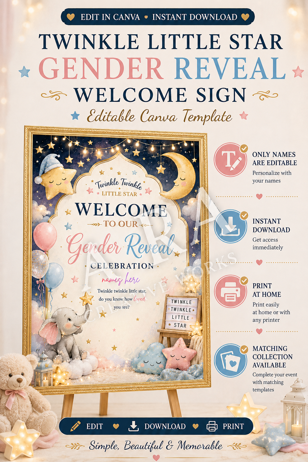 Twinkle Little Star Gender Reveal Welcome Sign | Editable Canva Template | Gender Reveal Party Sign | Pink Blue Baby Reveal | Instant Download
