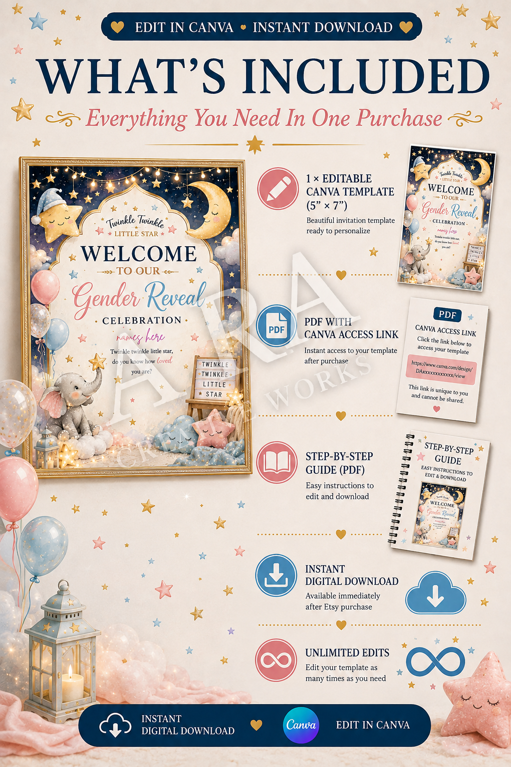 Twinkle Little Star Gender Reveal Welcome Sign | Editable Canva Template | Gender Reveal Party Sign | Pink Blue Baby Reveal | Instant Download