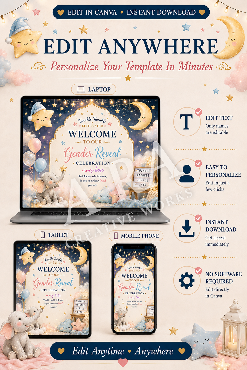 Twinkle Little Star Gender Reveal Welcome Sign | Editable Canva Template | Gender Reveal Party Sign | Pink Blue Baby Reveal | Instant Download