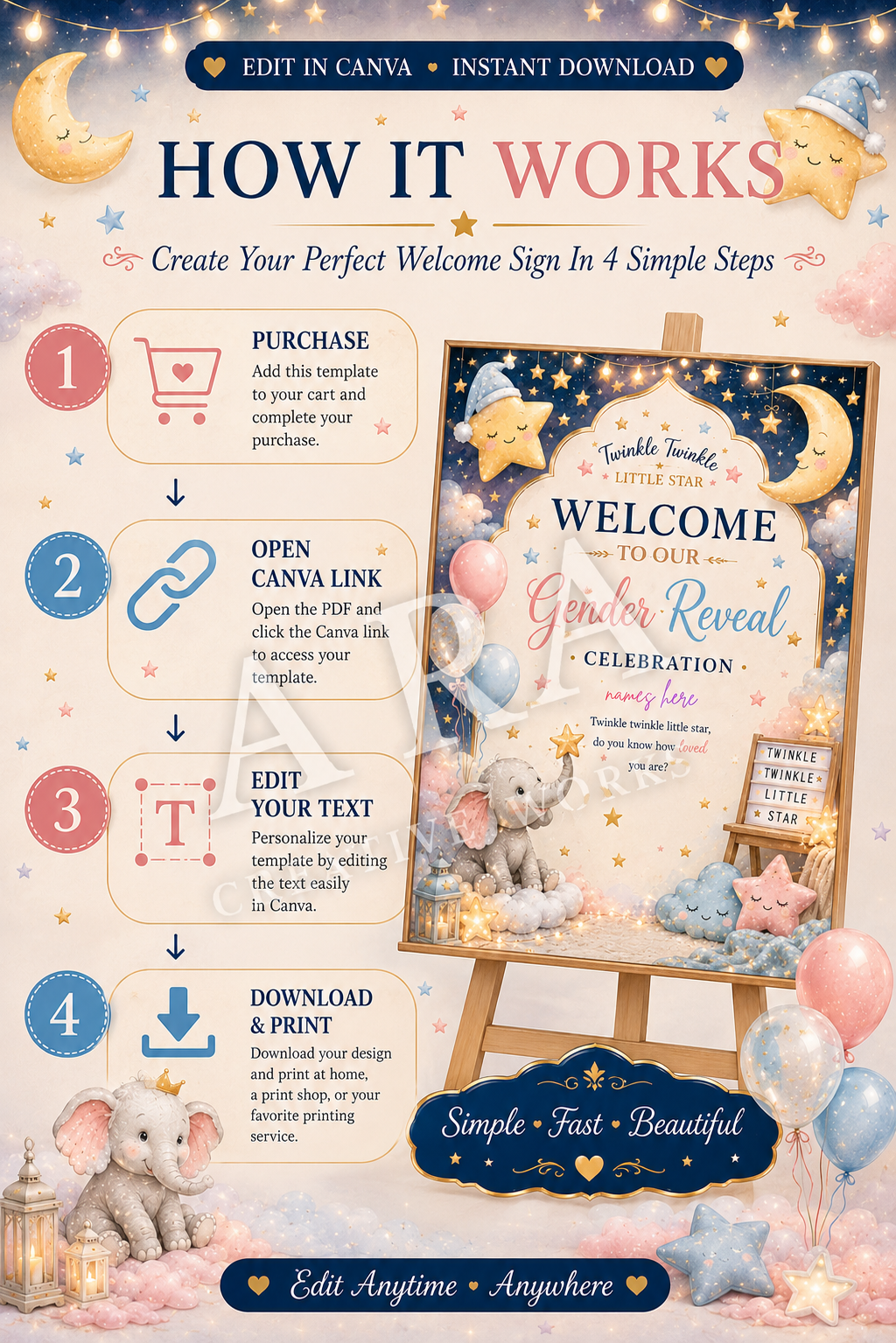 Twinkle Little Star Gender Reveal Welcome Sign | Editable Canva Template | Gender Reveal Party Sign | Pink Blue Baby Reveal | Instant Download