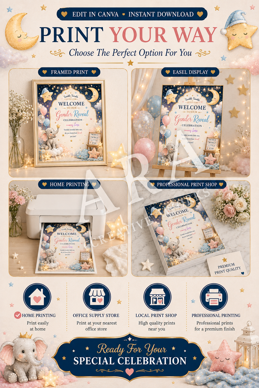 Twinkle Little Star Gender Reveal Welcome Sign | Editable Canva Template | Gender Reveal Party Sign | Pink Blue Baby Reveal | Instant Download