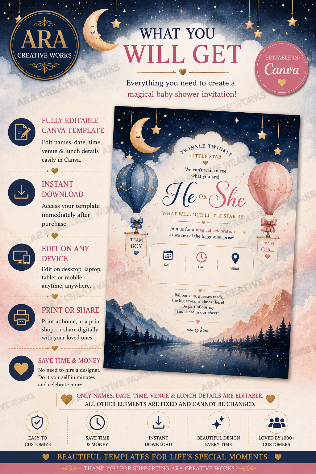 Twinkle Twinkle Little Star Gender Reveal Invitation | Editable Canva Template | Digital Download