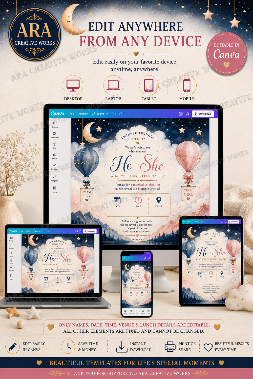 Twinkle Twinkle Little Star Gender Reveal Invitation | Editable Canva Template | Digital Download