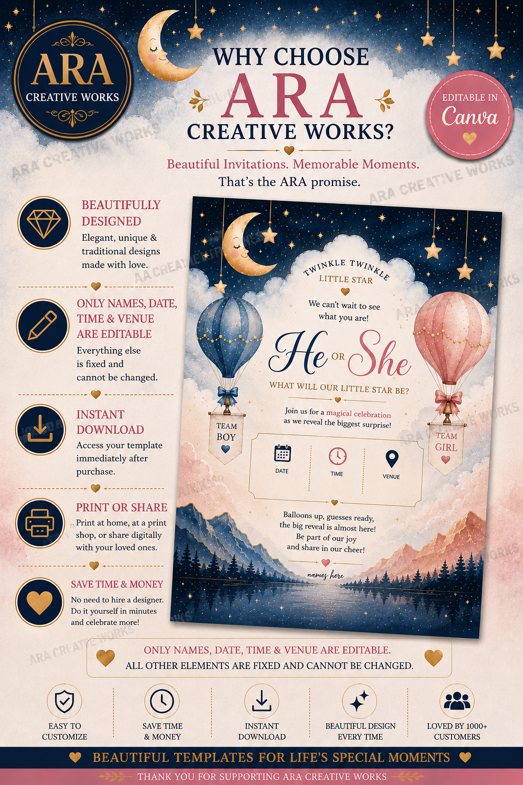 Twinkle Twinkle Little Star Gender Reveal Invitation | Editable Canva Template | Digital Download