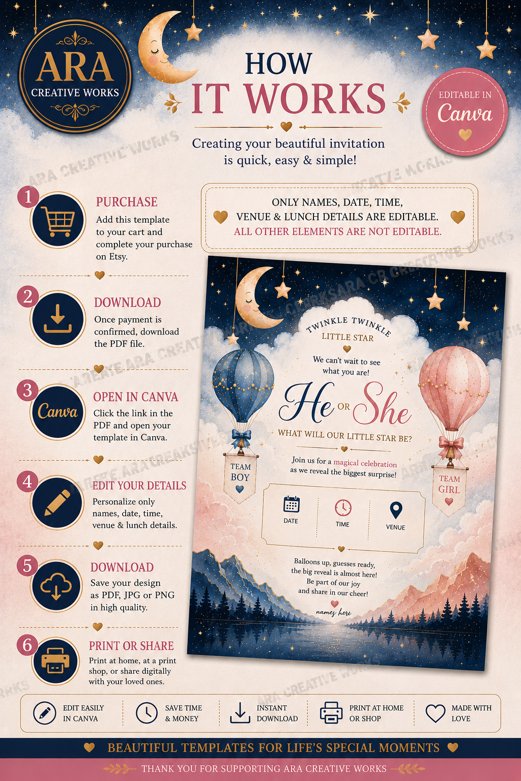 Twinkle Twinkle Little Star Gender Reveal Invitation | Editable Canva Template | Digital Download