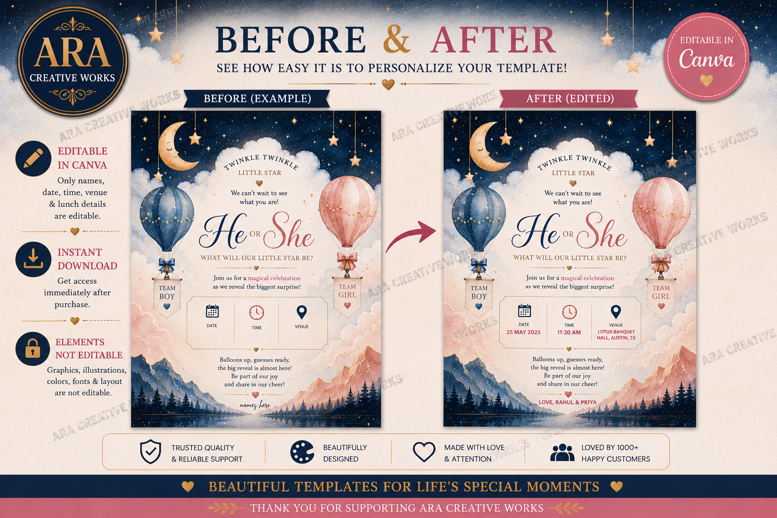 Twinkle Twinkle Little Star Gender Reveal Invitation | Editable Canva Template | Digital Download