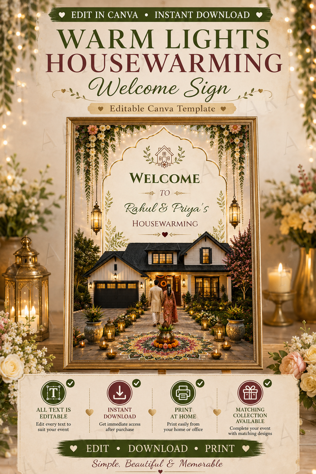 Warm Lights Housewarming Welcome Sign | Editable Canva Template | Indian Griha Pravesh Welcome Board | New Home Party Sign | Instant Download