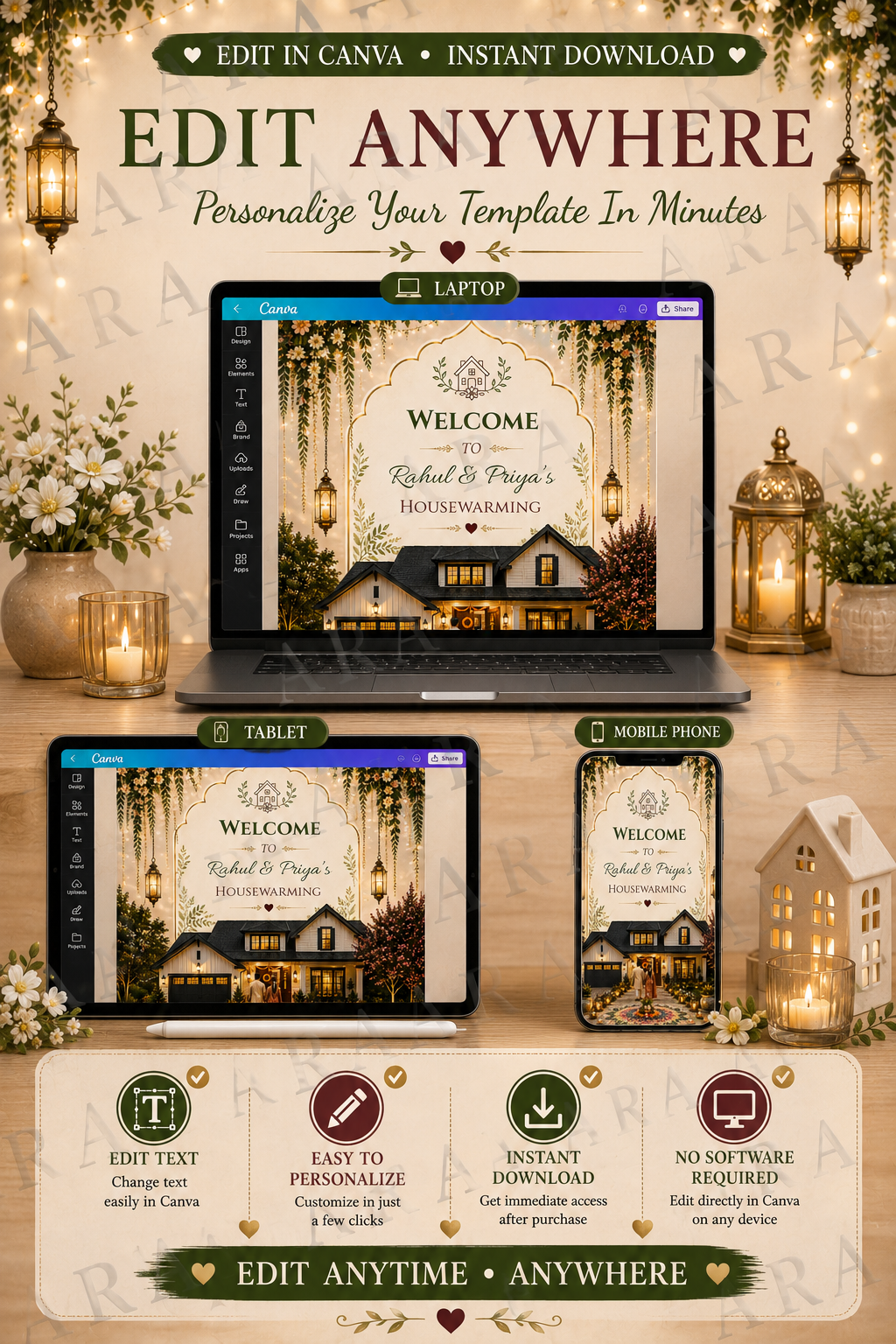 Warm Lights Housewarming Welcome Sign | Editable Canva Template | Indian Griha Pravesh Welcome Board | New Home Party Sign | Instant Download