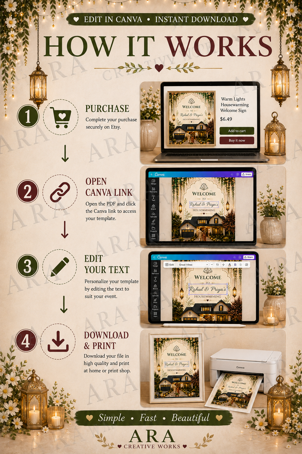 Warm Lights Housewarming Welcome Sign | Editable Canva Template | Indian Griha Pravesh Welcome Board | New Home Party Sign | Instant Download