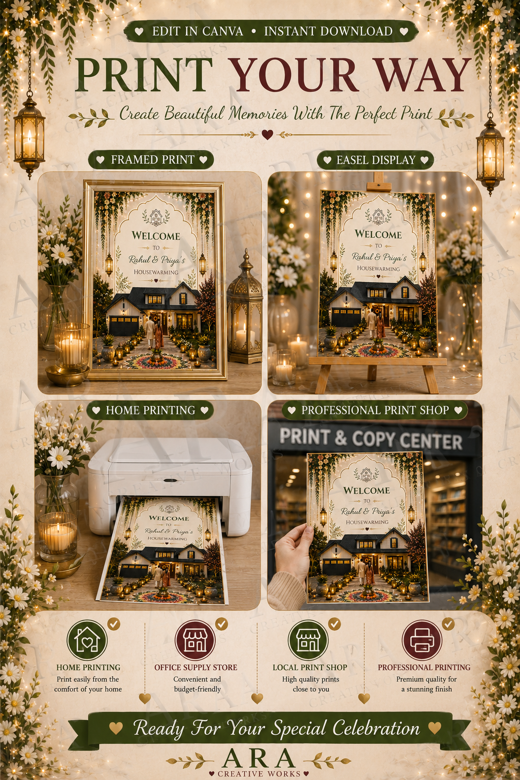 Warm Lights Housewarming Welcome Sign | Editable Canva Template | Indian Griha Pravesh Welcome Board | New Home Party Sign | Instant Download