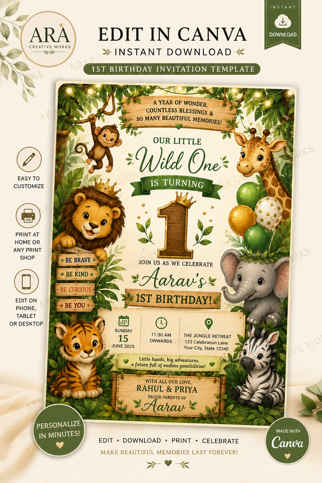 Wild One 1st Birthday Invitation Template | Jungle Safari Birthday Invite | Editable Canva Invitation| Boy First Birthday | Instant Download
