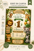 Wild One 1st Birthday Invitation Template | Jungle Safari Birthday Invite | Editable Canva Invitation| Boy First Birthday | Instant Download