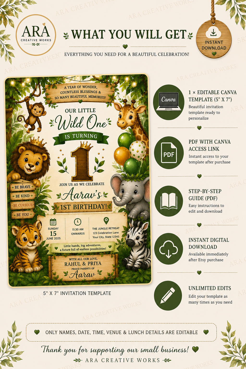 Wild One 1st Birthday Invitation Template | Jungle Safari Birthday Invite | Editable Canva Invitation| Boy First Birthday | Instant Download