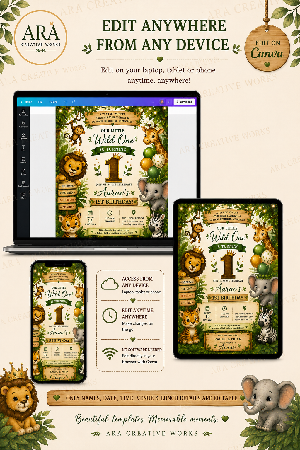 Wild One 1st Birthday Invitation Template | Jungle Safari Birthday Invite | Editable Canva Invitation| Boy First Birthday | Instant Download