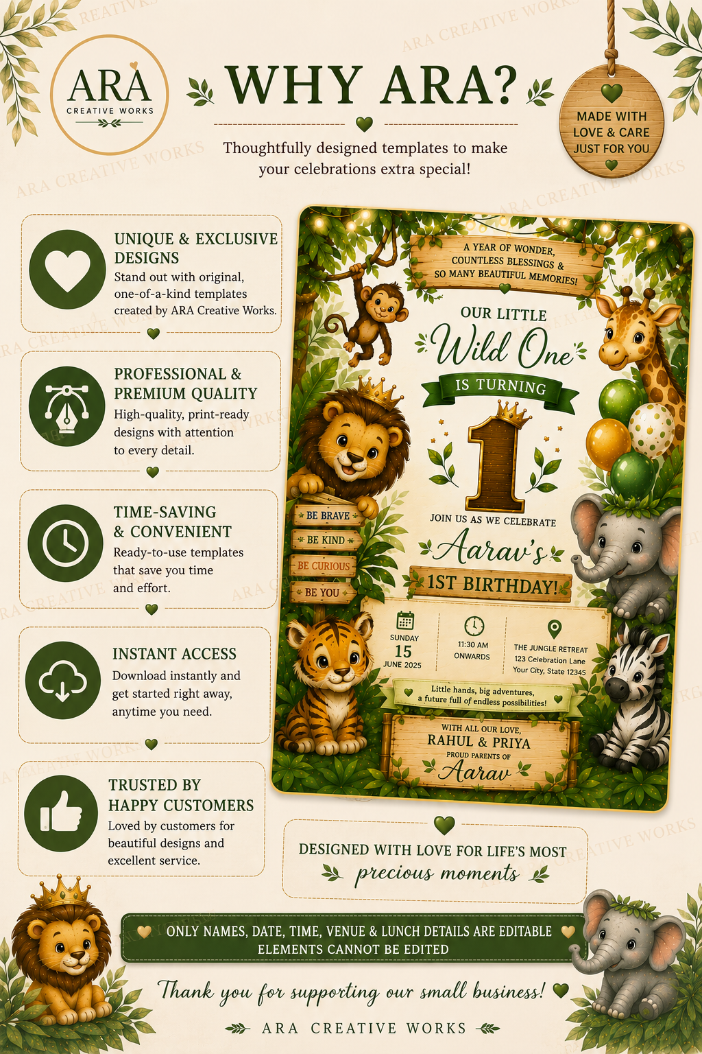 Wild One 1st Birthday Invitation Template | Jungle Safari Birthday Invite | Editable Canva Invitation| Boy First Birthday | Instant Download