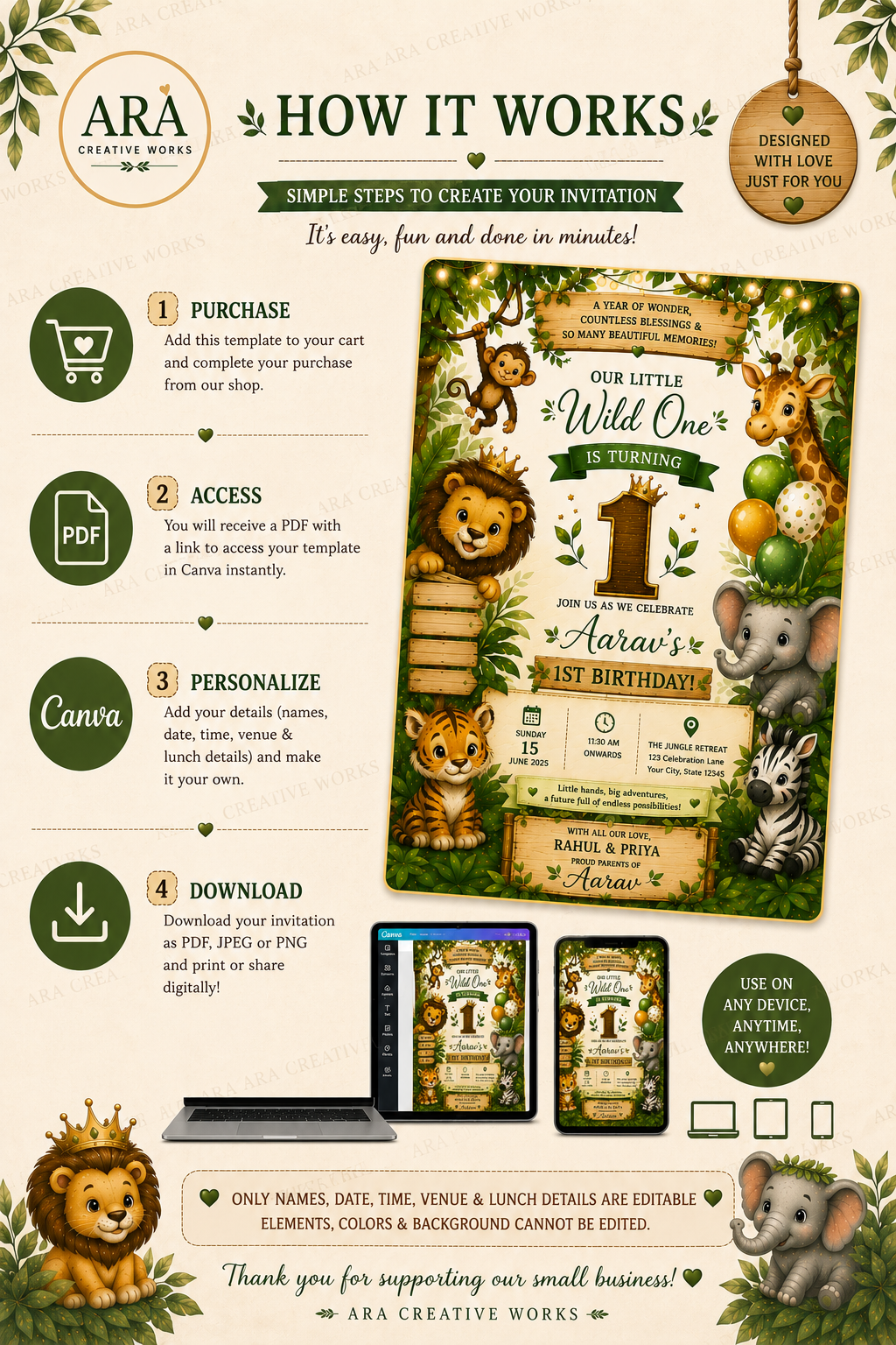 Wild One 1st Birthday Invitation Template | Jungle Safari Birthday Invite | Editable Canva Invitation| Boy First Birthday | Instant Download