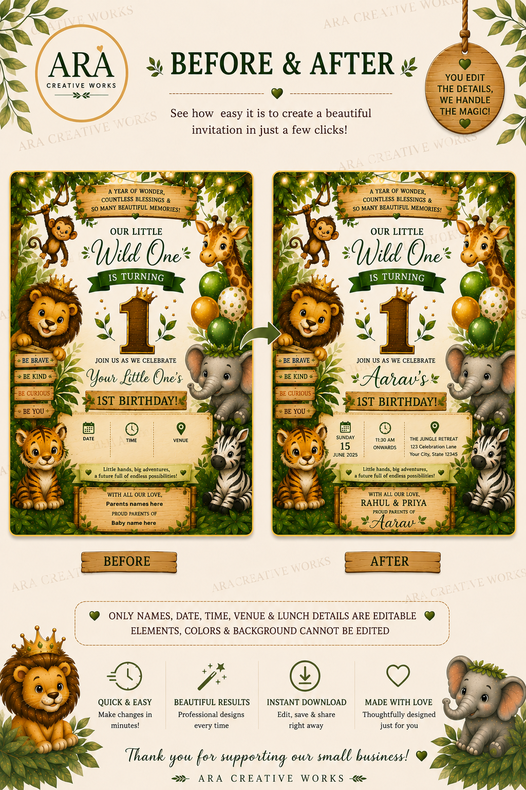 Wild One 1st Birthday Invitation Template | Jungle Safari Birthday Invite | Editable Canva Invitation| Boy First Birthday | Instant Download